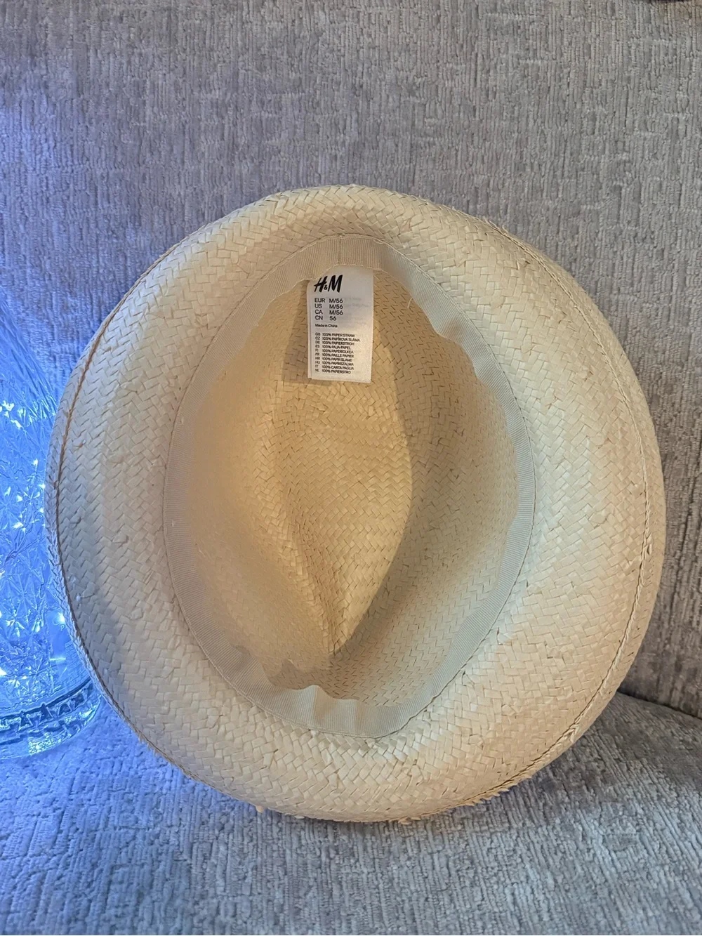 H&M Natural Straw Fedora with Blue-White Striped Band